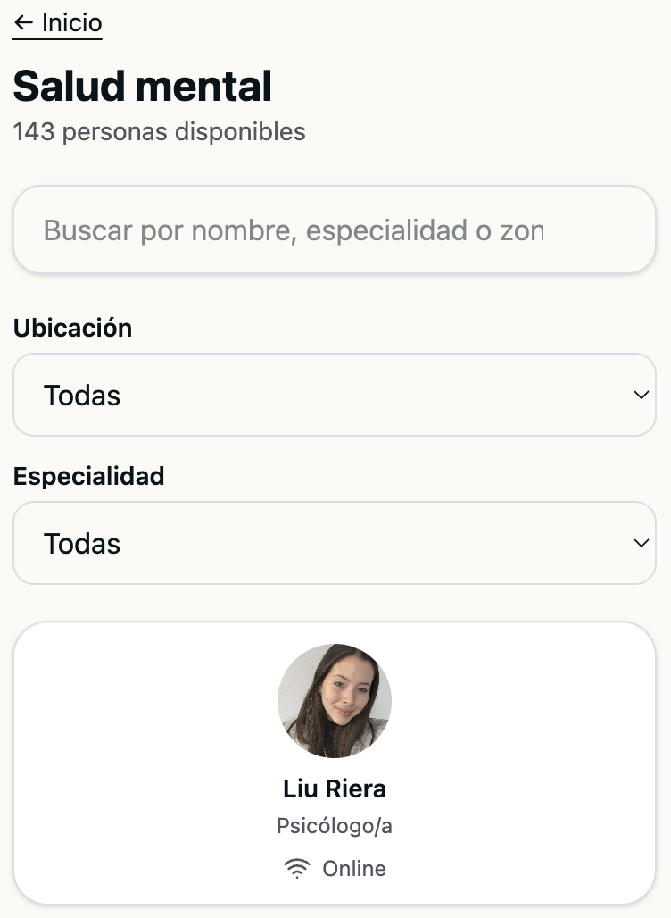 Listado de la categoría Salud mental con filtros y un perfil